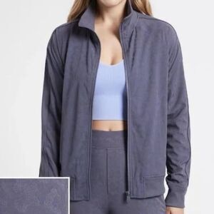 Athleta Brooklyn Bomber Jacket Navy Tonal Leopard Print Size Small